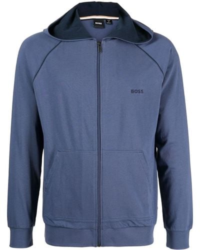 BOSS Hoodie zippé à logo brodé - Bleu