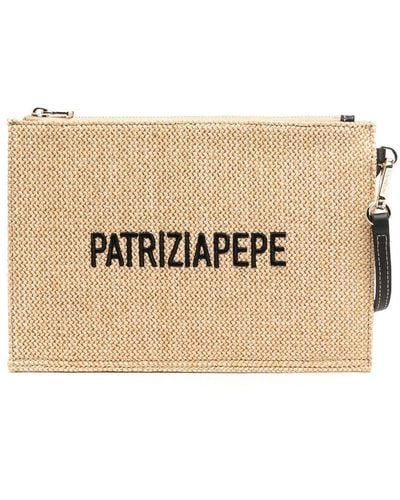 Patrizia Pepe Embroidered-logo Interwoven Clutch Bag - Natural