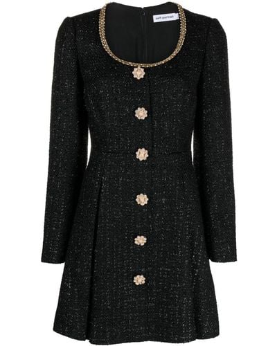 Self-Portrait Embellished Pleated Metallic Bouclé-tweed Mini Dress - Black