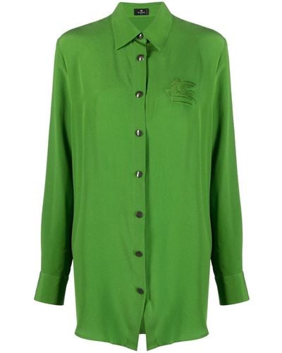 Etro Embroidered-pegaso Silk Shirt - Green