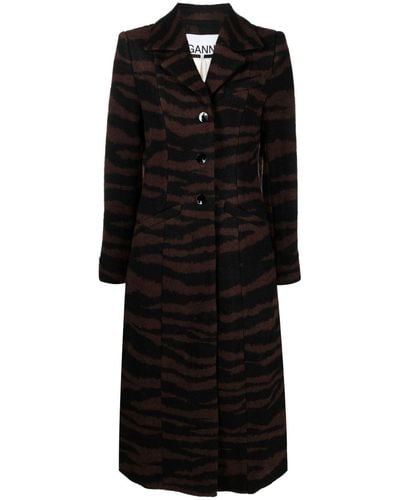Ganni Leopard-jacquard Long Coat - Black