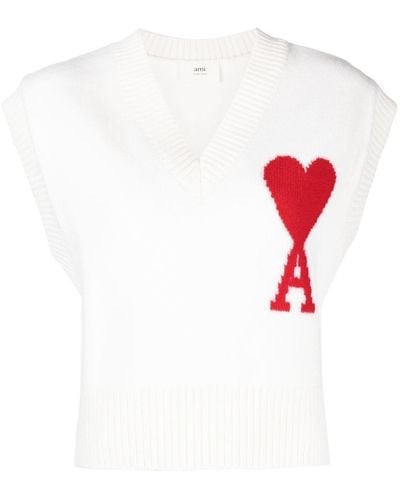 Ami Paris Logo-intarsia Knitted Vest - White