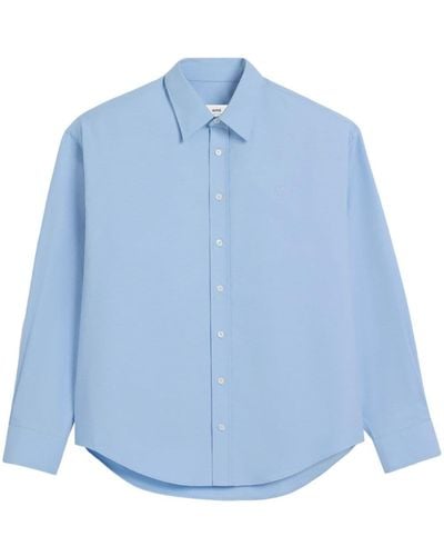 Ami Paris Embroidered-logo Cotton Shirt - Blue