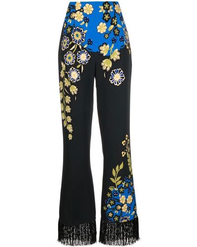 Etro Floral-print Fringed Tailored Pants - Blue
