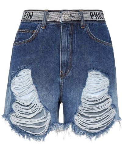Philipp Plein Ripped-detailing Cotton Shorts - Blue