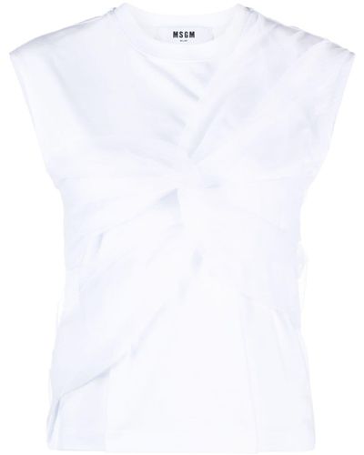 MSGM Tulle-overlay Sleeveless Cotton T-shirt - White