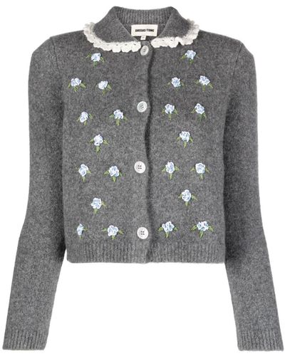 ShuShu/Tong Crochet-trim Floral-embroidered Cardigan - Gray