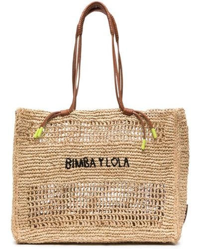 Bimba Y Lola Logo-embroidered raffia tote bag - Neutro