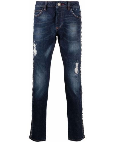 Philipp Plein Distressed Straight-leg Jeans - Blue