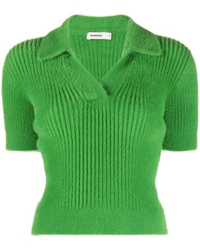 Sandro Brushed Ribbed-knit Polo Top - Green
