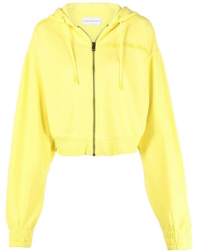 Calvin Klein Embroidered-logo Cropped Hoodie - Yellow