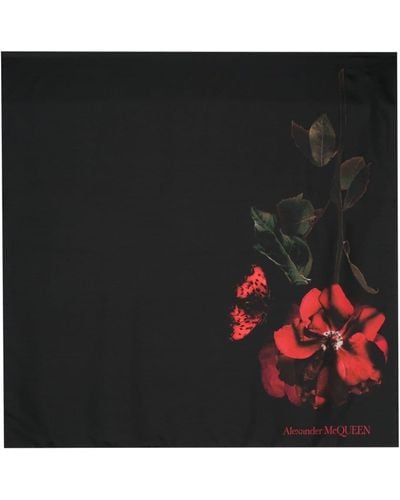 Alexander McQueen Silk Scarf With Rose Print - Black