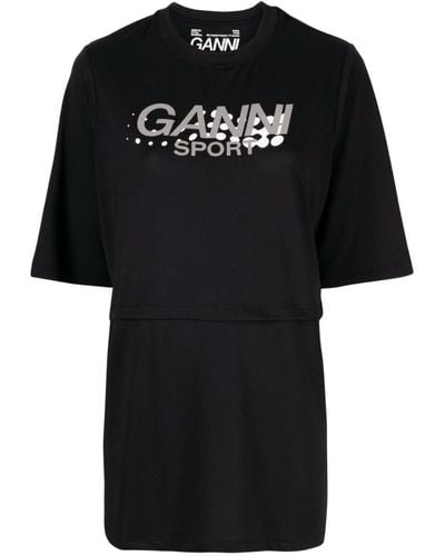 Ganni Active Mesh Layered Graphic-print T-shirt - Black