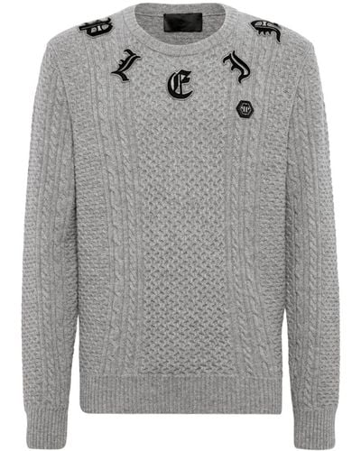 Philipp Plein Logo-appliqué Cable-knit Sweater - Gray