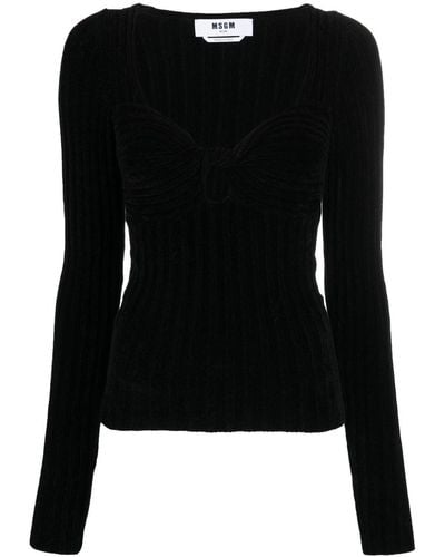 MSGM Twist-front Ribbed Long-sleeve Top - Black