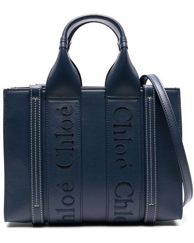 Chloé Small Woody leather tote bag - Blau