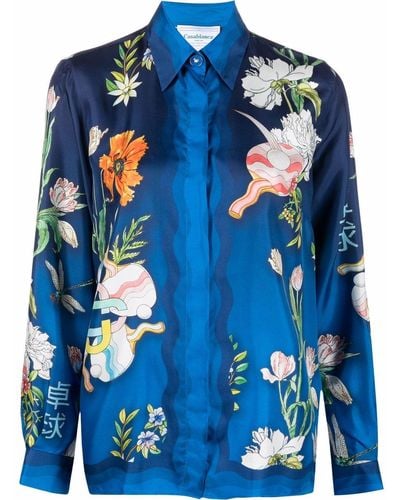 Casablancabrand Chemise en soie à fleurs - Bleu