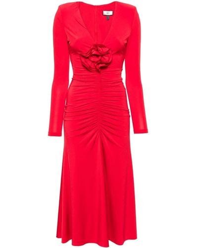 Nissa Floral-appliqué Ruched Gown - Red