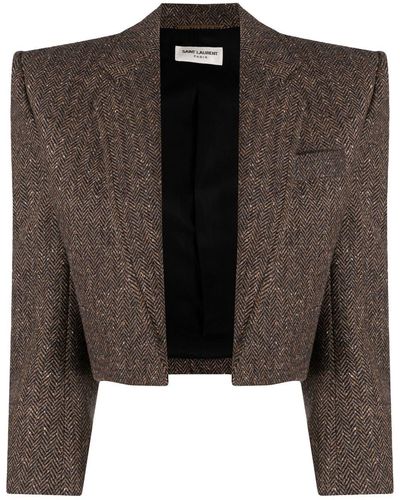 Saint Laurent Tweed Cropped Jacket - Brown