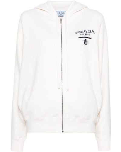 Prada Logo-intarsia Zip-up Hoodie - White