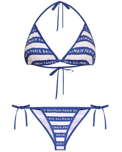 Balmain Striped Logo-print Bikini - Blue