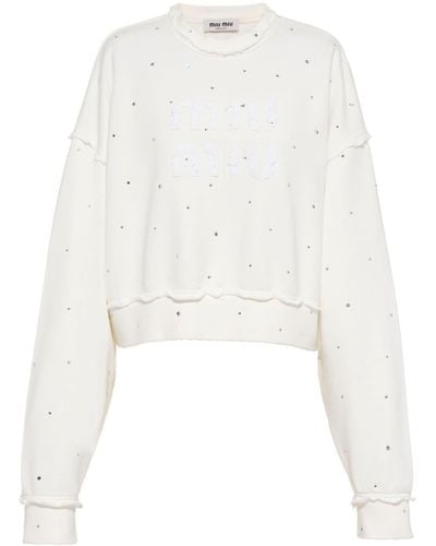 Miu Miu Crystal-embellished Distressed Sweatshirt - White
