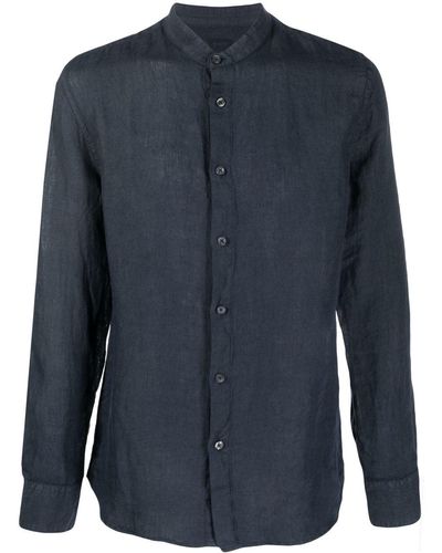 120% Lino Overhemd Met Bandkraag - Blauw