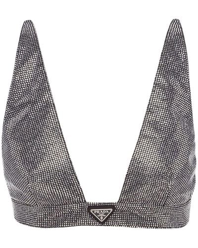 Prada Triangle-logo Embellished Bralette - Gray