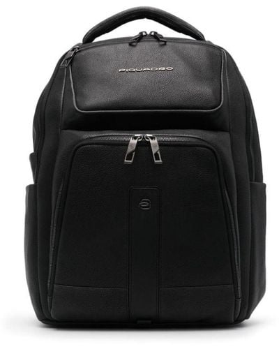 Piquadro Logo-plaque leather laptop backpack - Schwarz