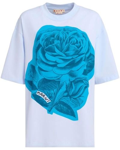Marni Rose-print Cotton T-shirt - Blue