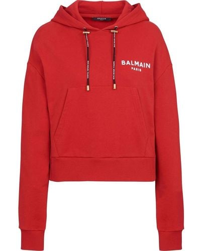 Balmain Logo Print Cotton Hoodie - Red