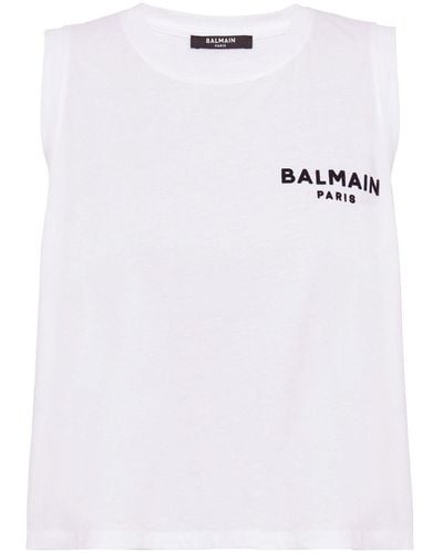 Balmain Haut crop en coton à logo floqué - Blanc