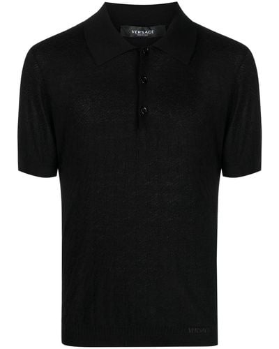 Versace La Greca Pointelle-knit Polo Shirt - Black