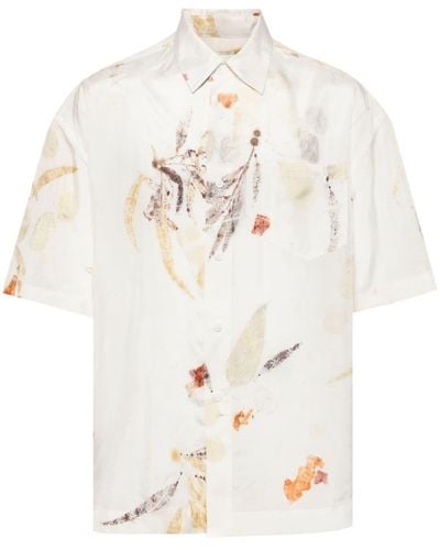 Feng Chen Wang Seidenhemd mit Blatt-Print - Weiß