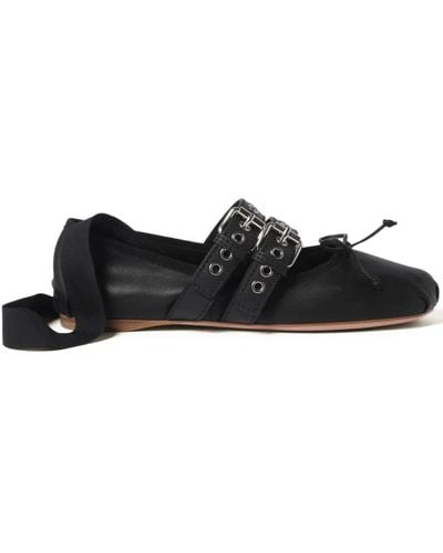 Miu Miu Buckled Leather Ballerina Shoes - Black