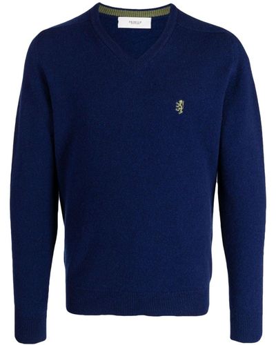 Pringle of Scotland Logo-embroidered V-neck Sweater - Blue