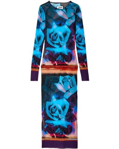 Jean Paul Gaultier Floral-print Mesh Maxi Dress - Blue