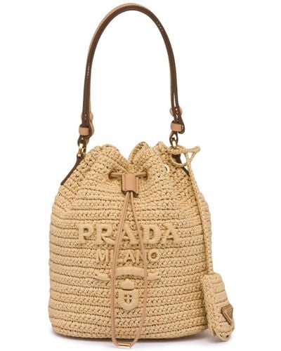 Prada Mini Logo-embroidered Raffia Bucket Bag - Natural