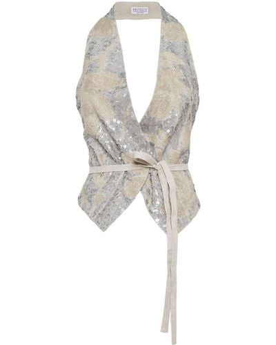 Brunello Cucinelli Sequin-Embellished Linen Blouse - White