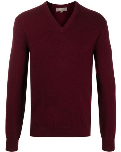 N.Peal Cashmere V-neck Ribbed Knit Sweater - Red