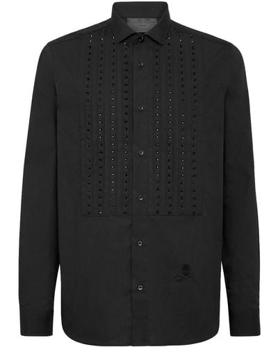 Philipp Plein Crystal-embellished Panelled Cotton Shirt - Black