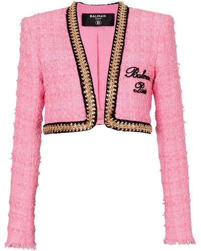 Balmain Tweed Logo Cropped Blazer - Pink