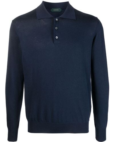 Zanone Long-sleeve Cotton-blend Polo Shirt - Blue