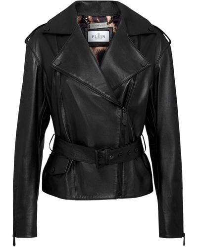 Philipp Plein Oversize-logo Belted Leather-jacket - Black