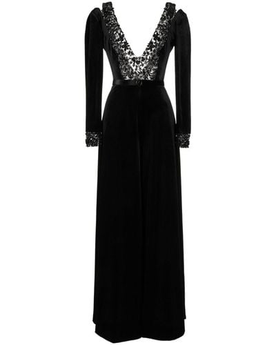 Saiid Kobeisy Beaded Velvet Wide-leg Jumpsuit - Black