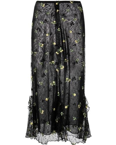 Anna Sui Jupe mi-longue en dentelle à fleurs brodées - Noir