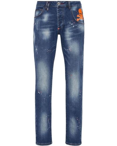 Philipp Plein Straight Jeans Met Verfspatten - Blauw