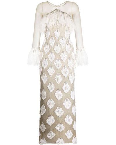 Saiid Kobeisy Feather-detailed Beaded Long Dress - White