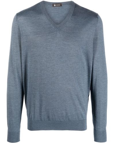 Colombo Fine-knit V-neck Sweater - Blue