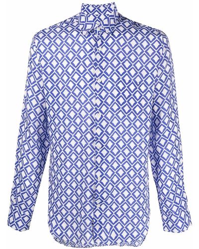 Peninsula Geometric-print Linen Shirt - Blue